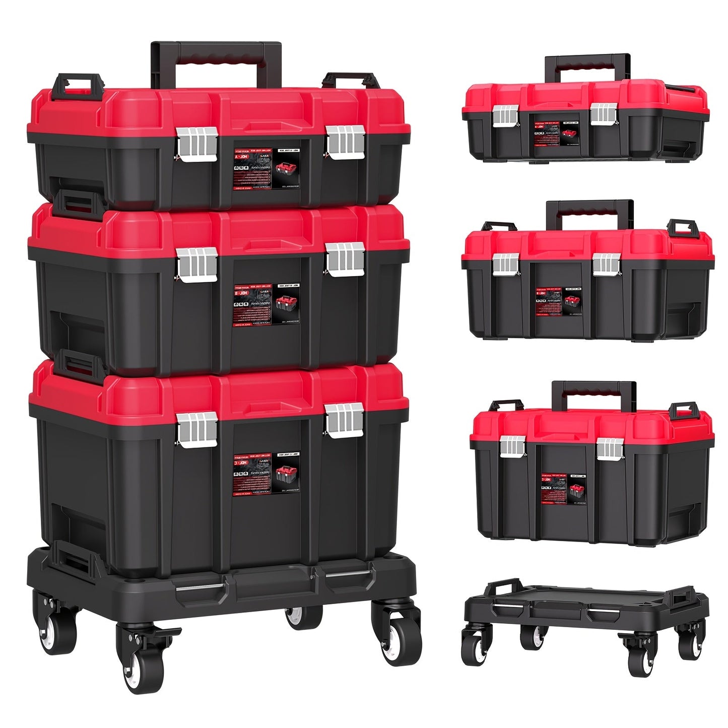 Rolling Tool Box with Wheels 3-Tier Stackable Organizer | Lockable Compartments, Connected Storage, 17" Large Plastic Toolbox for Garage