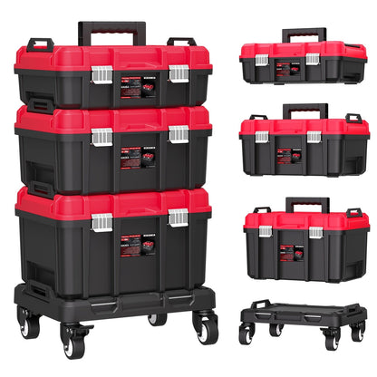 Rolling Tool Box with Wheels 3-Tier Stackable Organizer | Lockable Compartments, Connected Storage, 17" Large Plastic Toolbox for Garage