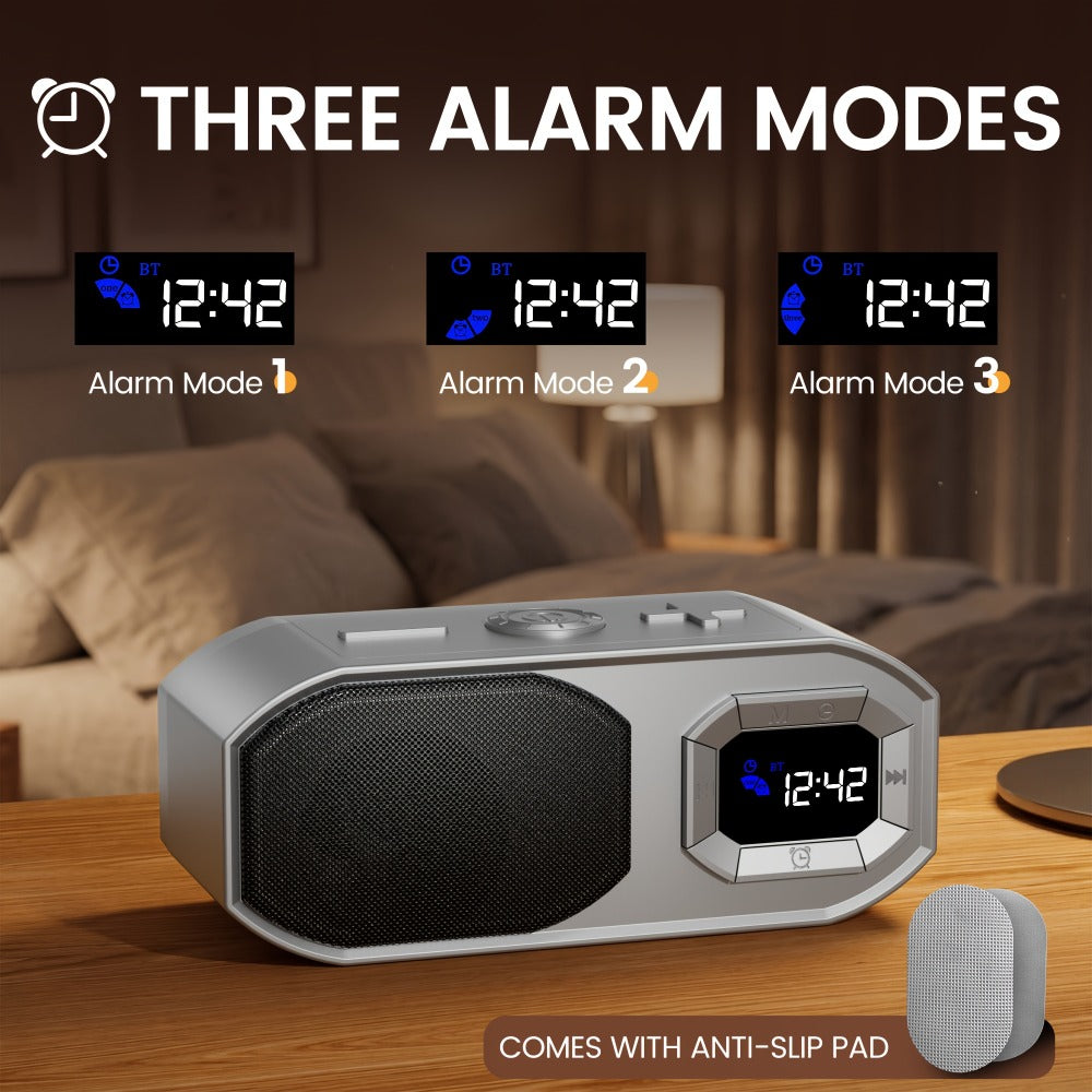 Bluetooth Speaker with Digital Alarm Clock, Fixed-Time Alarm, HD Sound, TWS Stereo Pairing, USB TF Card AUX Input
