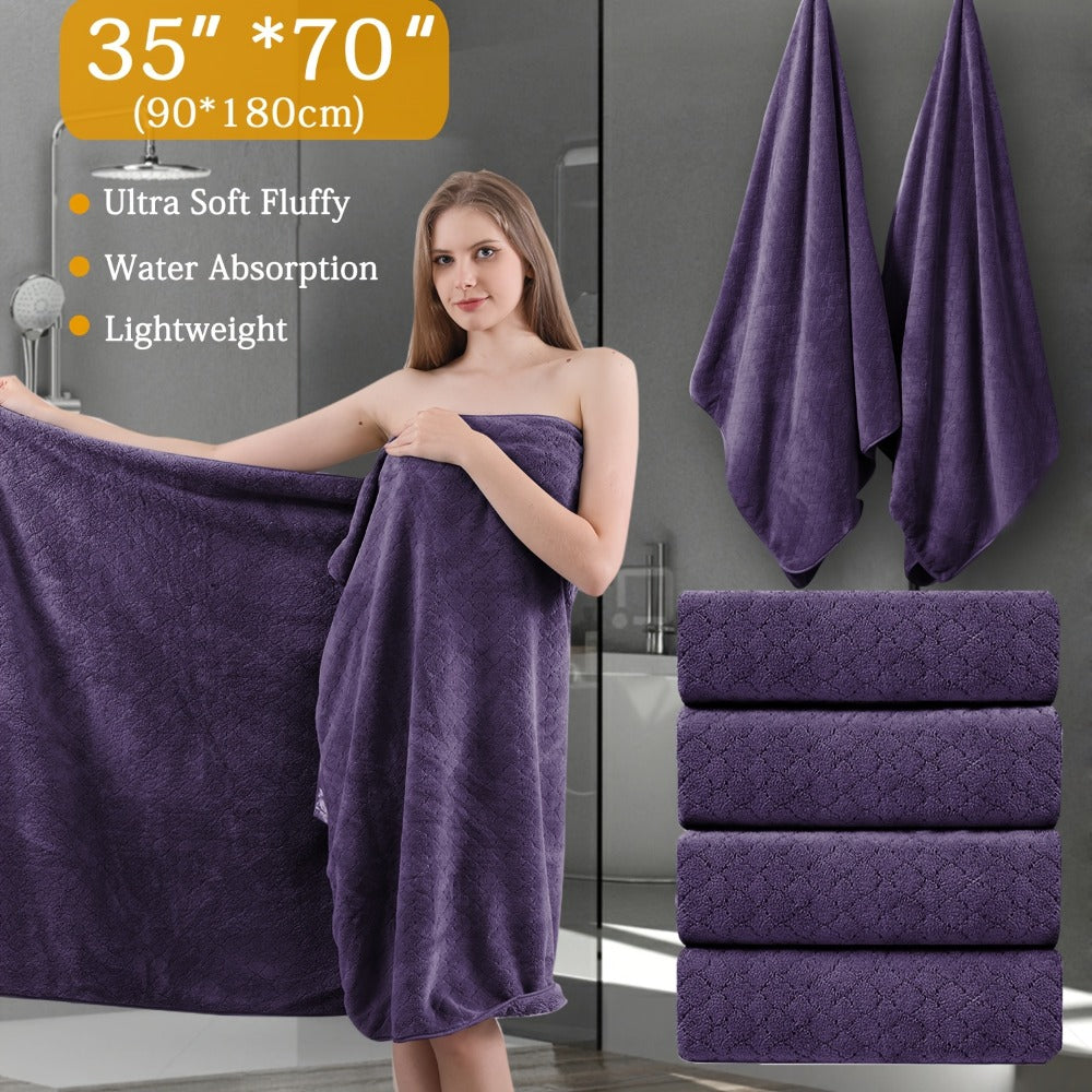 Bath Towels Set 4 Piece Diamond-Pattern Microfiber Towels in 10 Solid Color Options for Home and Guest Use
