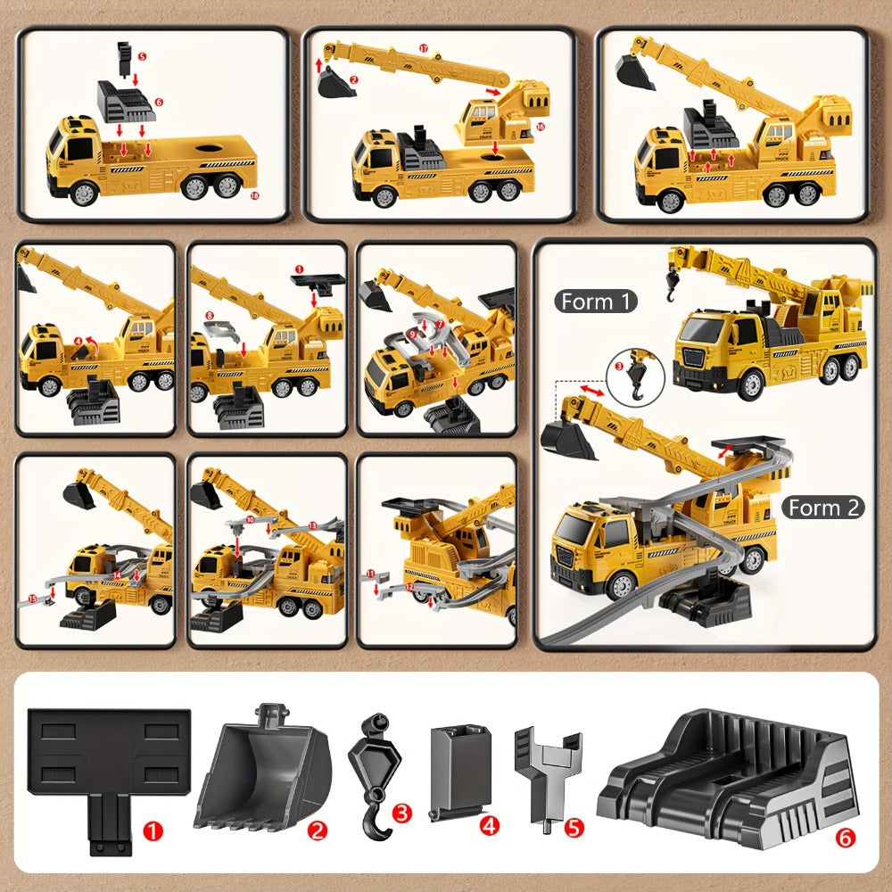 3-in-1 Crane Excavator & Racing Track Toy Set for Kids Ages 3+, Construction Vehicle Playset with Lights & Sounds