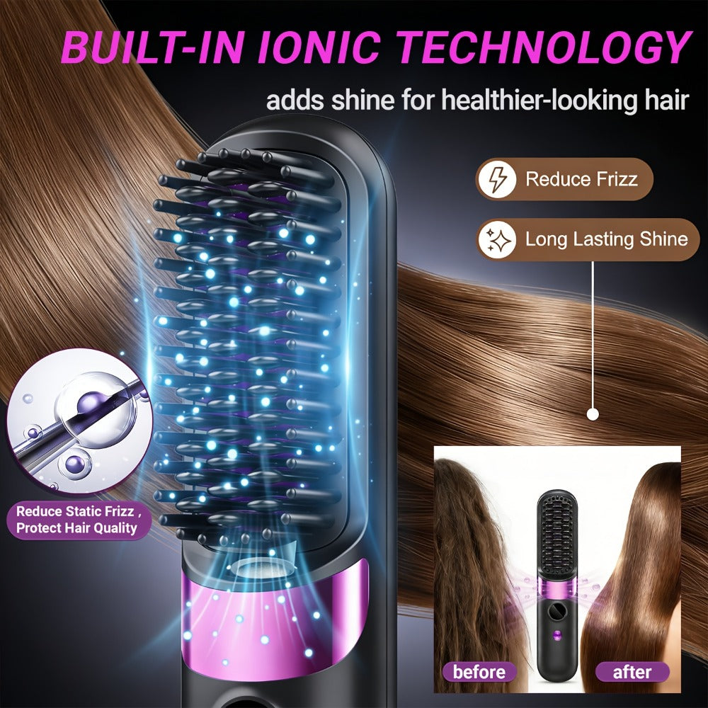 Ionic Hair Straightener Brush USB-C Rechargeable 3-in-1 Straightener Curler Styler, Adjustable Temperature