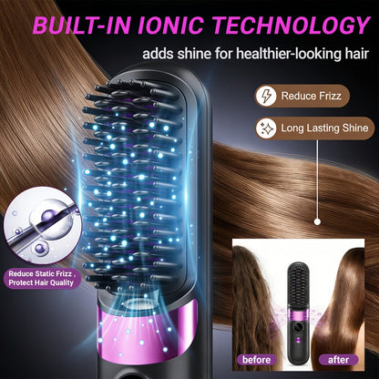 Ionic Hair Straightener Brush USB-C Rechargeable 3-in-1 Straightener Curler Styler, Adjustable Temperature