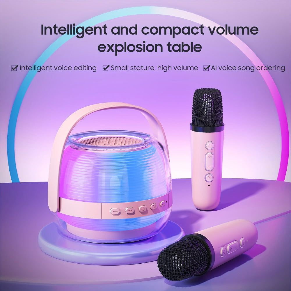 Portable Karaoke Machine with 2 Wireless Microphones, 3-Piece Bluetooth Speaker Set, Ambient Night Lamp Lighting