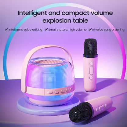 Portable Karaoke Machine with 2 Wireless Microphones, 3-Piece Bluetooth Speaker Set, Ambient Night Lamp Lighting