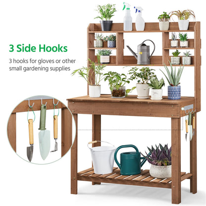 Potting Bench Table Fir Wood Iron Frame Switchable Top Integrated Sink 3-Tier Display Rack Storage Shelf for Garden, Patio and Yard Use