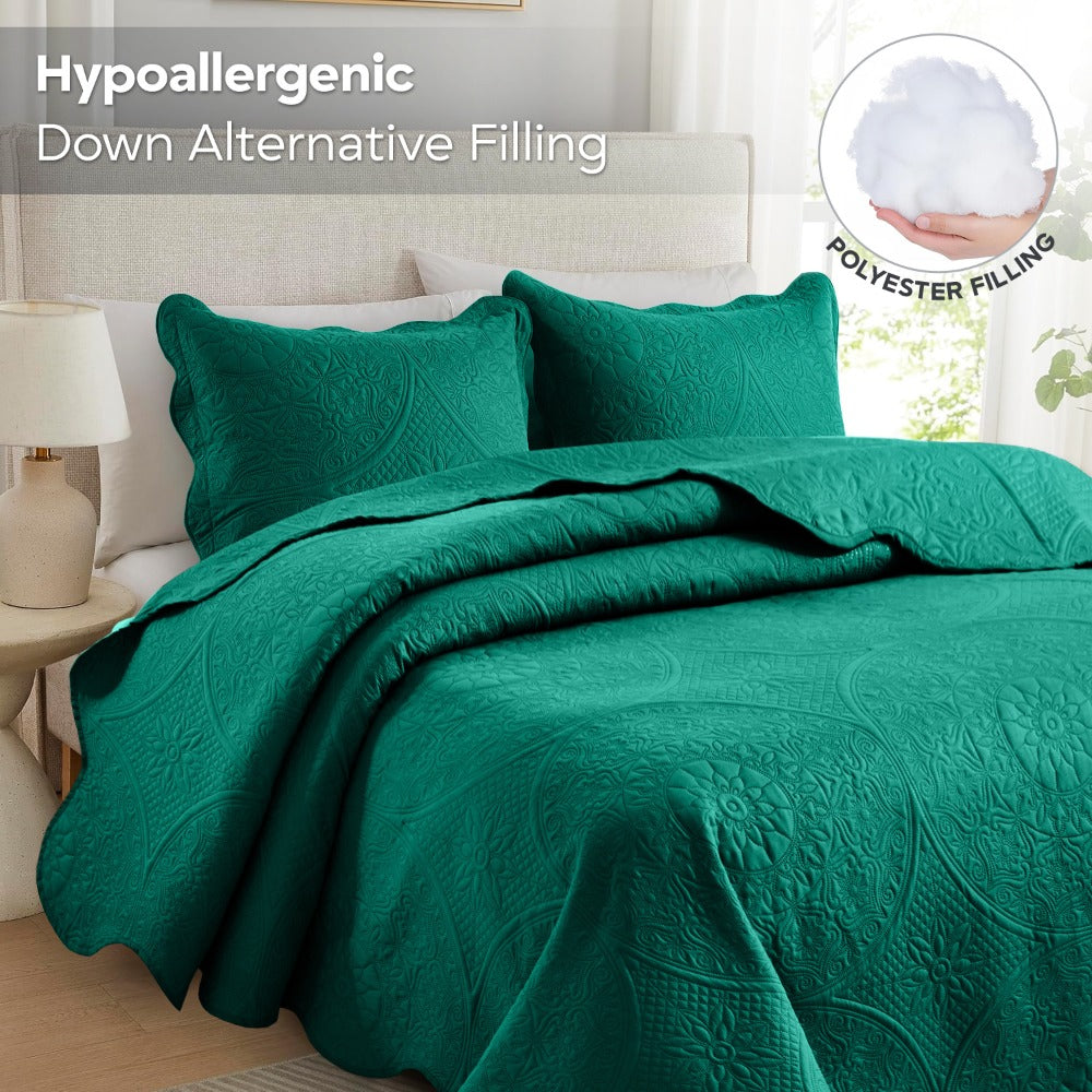 Floral-Pattern Three-Piece Bedspread Set in 16 Colors with Twin, Queen, King and California King Sizes