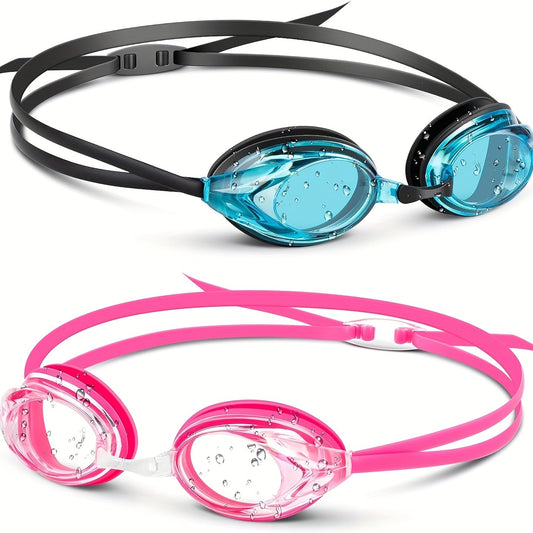 Blue and Pink Swimming Goggles with Rounded Lens Frames, Dual Split Head Straps and One Indoor Style Option
