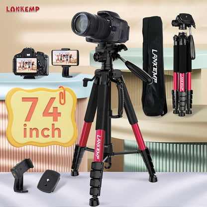 74-Inch Aluminum Camera Tripod in Black with Three-Way Pan Head, Two Quick-Release Plates, Phone Clip and Carry Bag