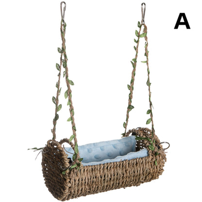 Rattan Hanging Bird Nest and Swing with Removable Mat and Choice of Natural Rope or Colorful Chain