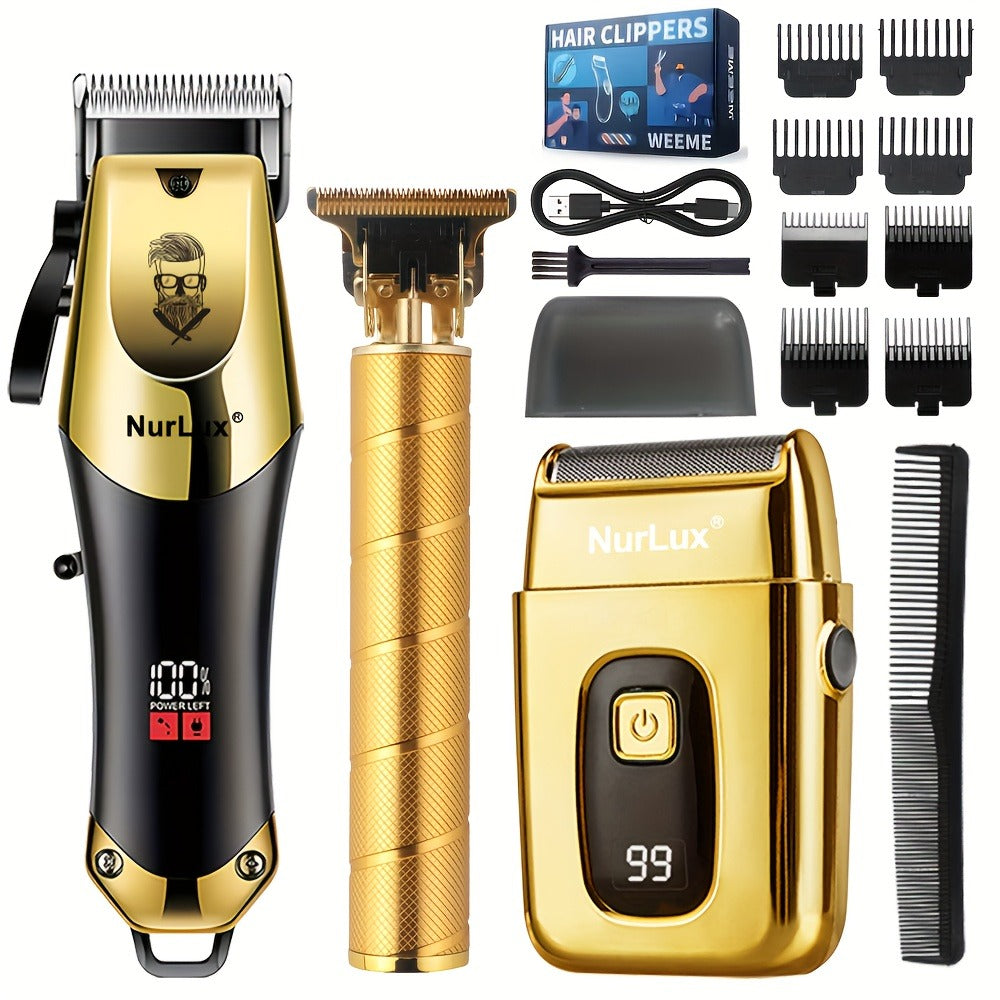 T-Blade Hair Clipper Set for Men – Golden Series USB Rechargeable Trimmer Kit with Guide Combs & Cleaning Brush, 1pc 2pcs 3pcs Options