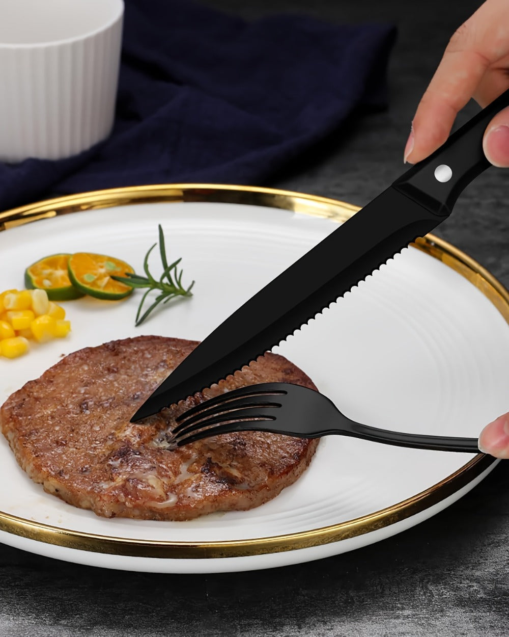 Serrated Steak Knife Dining Set with Six-Piece Place Settings, 24 or 48 Utensils in Silver or Black