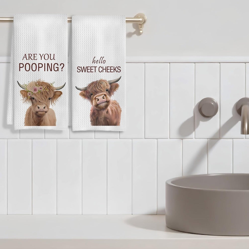 Highland Cow Hand Towels Set of 2 Funny Farmhouse Bathroom Decor Hello Sweet Cheeks Kitchen Towel 16x24 Inch Washroom Gift