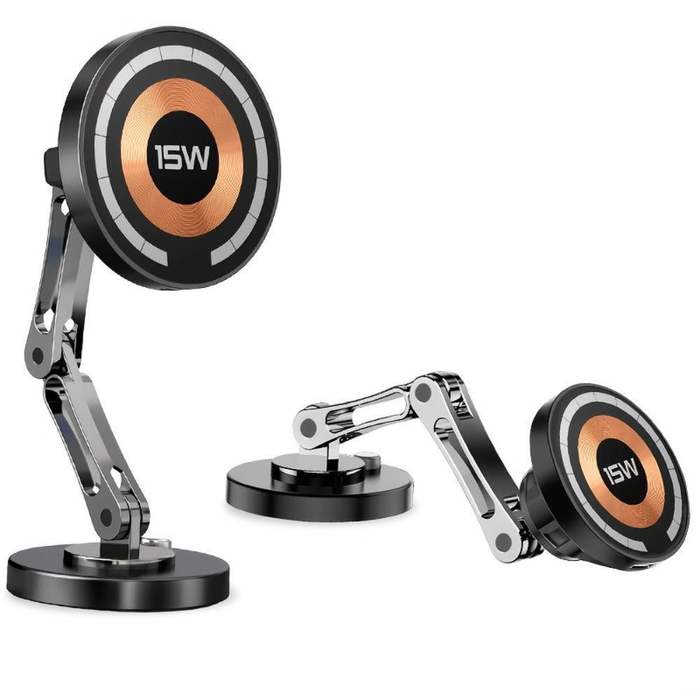 Magnetic Wireless Charging Car Mount with 15W Label, Folding Arm, 360-Degree Rotation and Black Finish