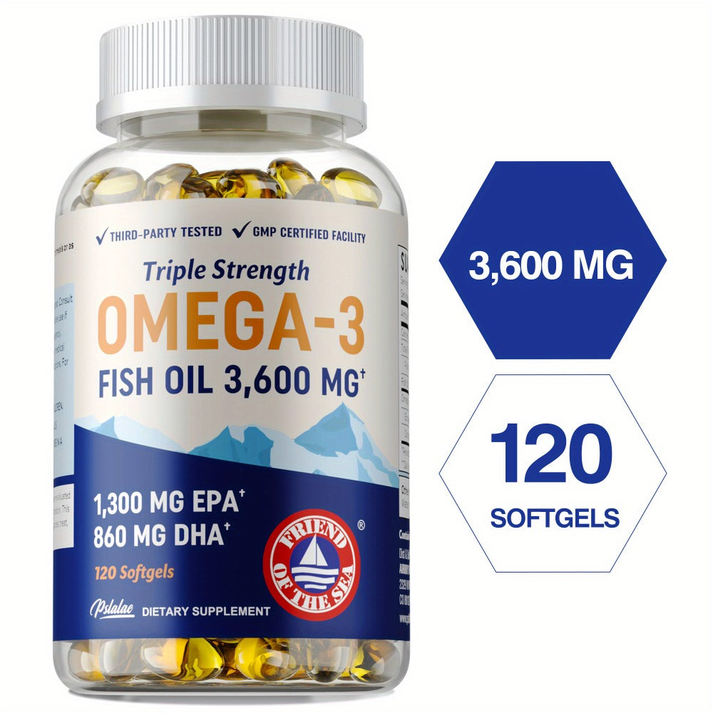 Triple Strength Omega 3 Fish Oil 120 Capsules with High EPA & DHA for Eye, Brain & Heart Health, Joint & Immune Support for Men & Women