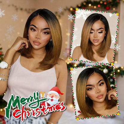 Synthetic Wig 13x2 U-Part Lace Front Straight Bob, 12-Inch Ombre Black-Brown for Daily Styling