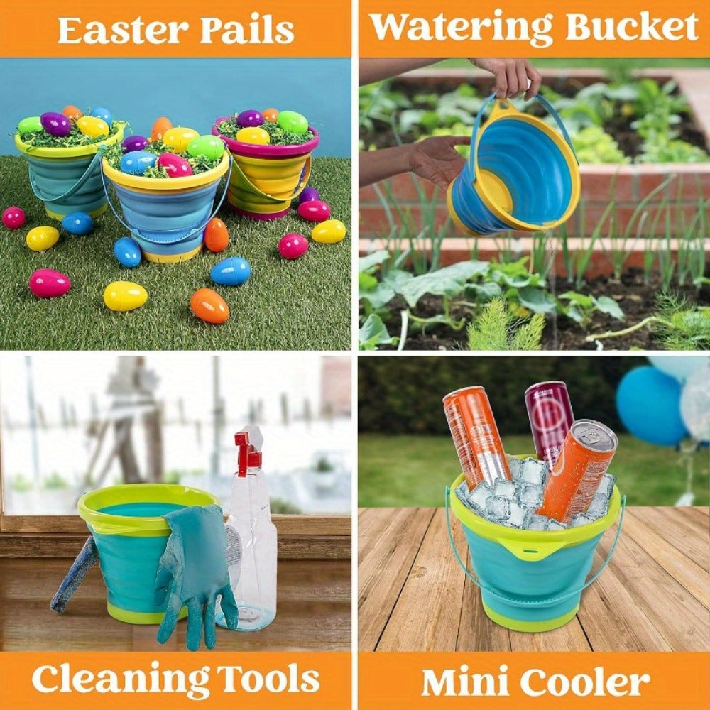 Collapsible Beach Bucket Set 3-Pack with Shovels & Mesh Backpack, Foldable Sand Pail Kit for Kids