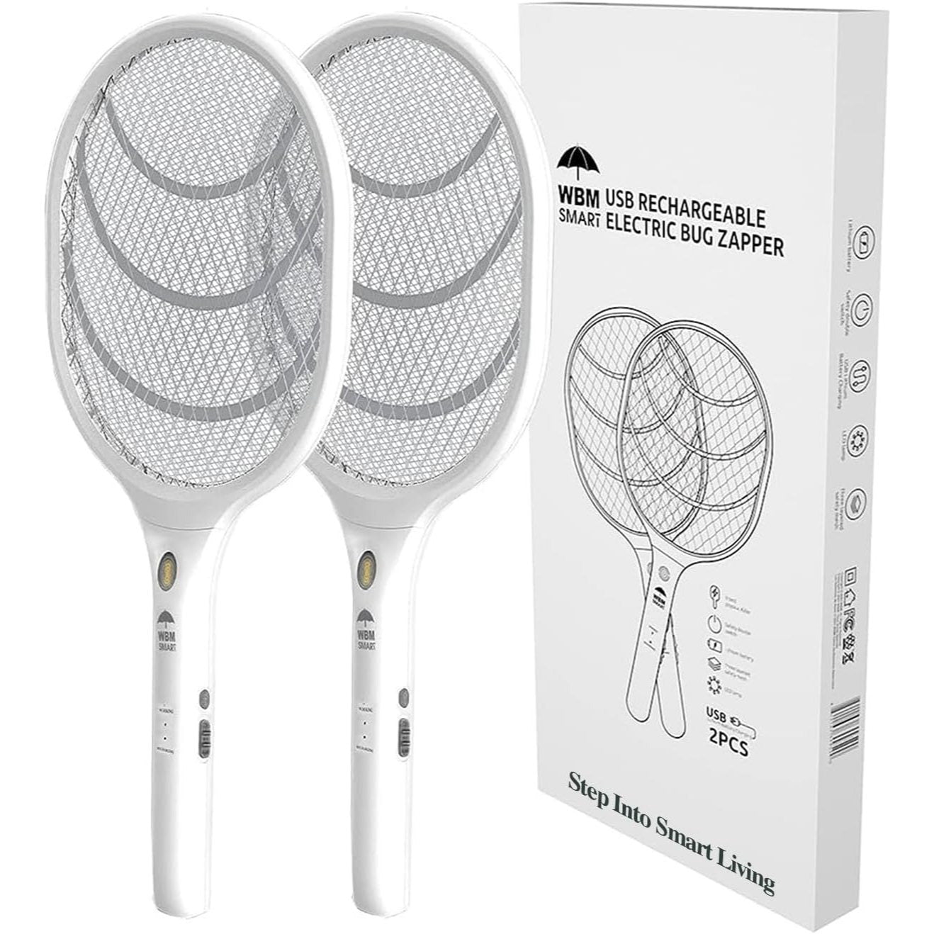 Electric Fly Swatter Racket Rechargeable 2-Pack, 3000V Bug Zapper with LED Light, USB Charging