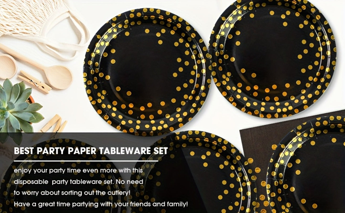 Disposable Party Supplies Set 150 Piece Black and Gold – Paper Plates, Napkins & Forks for 50 Guests, Elegant Tableware for Birthday