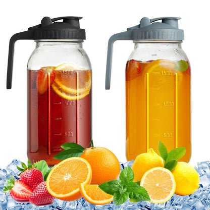 Two-Pack 64-Ounce Mason-Style Glass Pitchers with Black and Gray Flip Lids and Long Handles