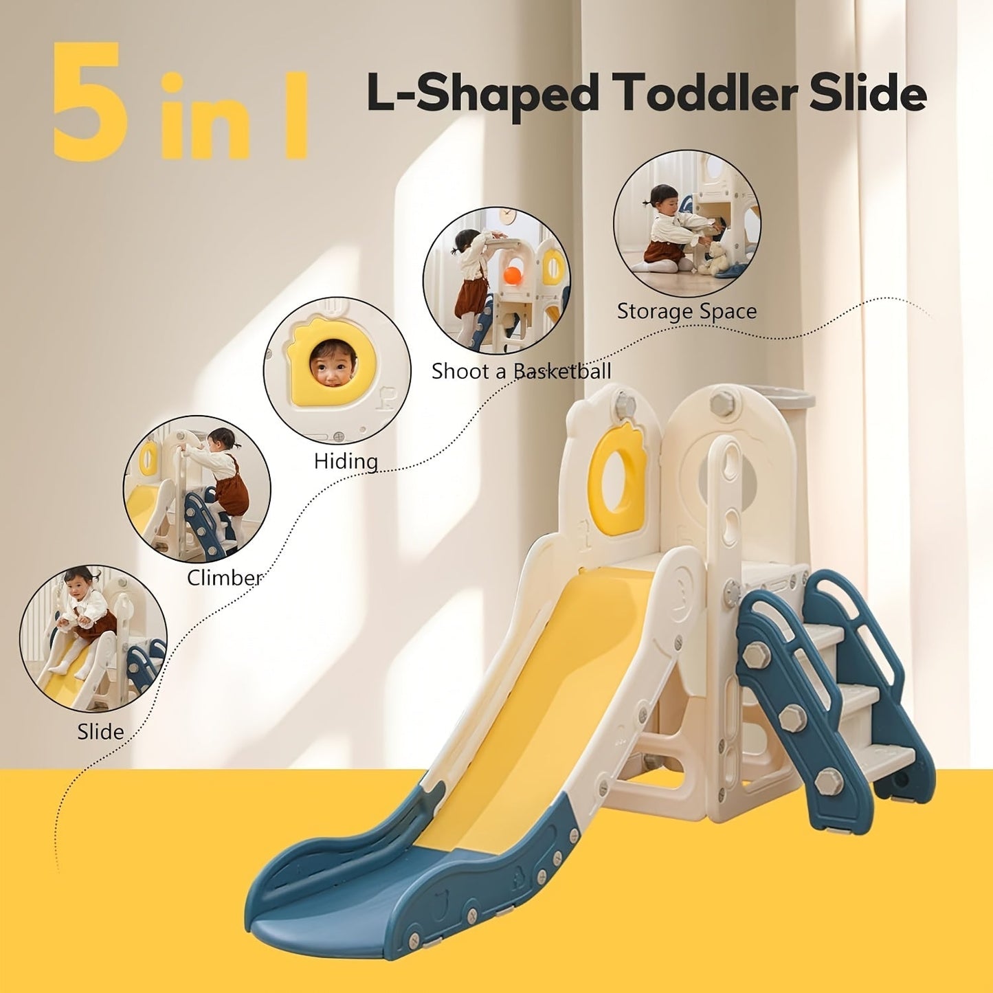 5-in-1 Toddler Slide with Basketball Hoop L-Shaped Freestanding Kids Indoor Outdoor Slide for Toddlers Ages 1-3 Boys Girls Birthday