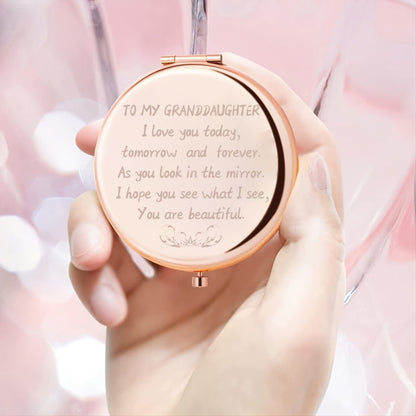 Rose-Gold Granddaughter Compact Mirror with Regular and Magnifying Views, Engraved Message and 2.9 x 2.6-Inch Case