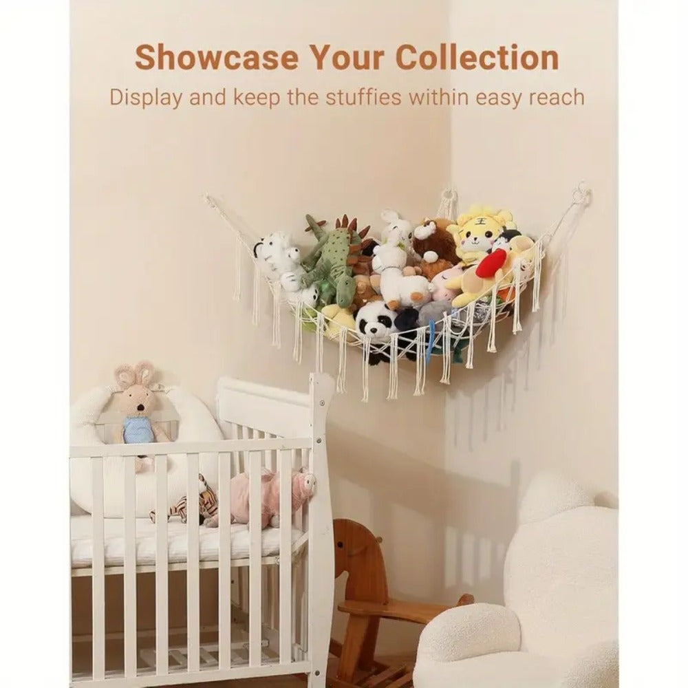 Stuffed Animal Storage Hammock with Lights Corner Hanging Toy Net Organizer for Nursery for Entryways, Bedrooms and Living Spaces