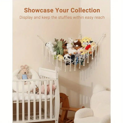 Stuffed Animal Storage Hammock with Lights Corner Hanging Toy Net Organizer for Nursery for Entryways, Bedrooms and Living Spaces