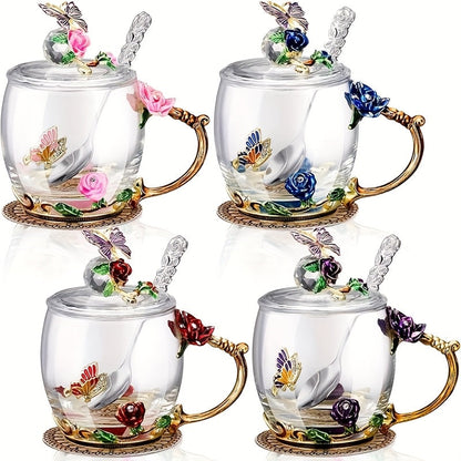 Flower Glass Tea Cups with Lids and Spoon 4 Sets Butterfly Vintage Floral Clear Glass Coffee Mugs 12oz Gift for Women Mom Wife Girlfriend