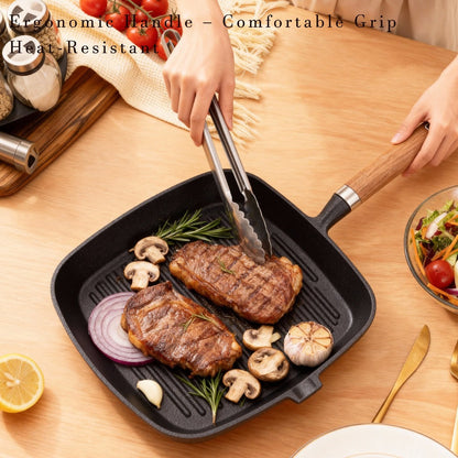 Cast Iron Grill Pan with Non-Stick Surface & Striped Design, Thick Wooden Handle Skillet for Steak