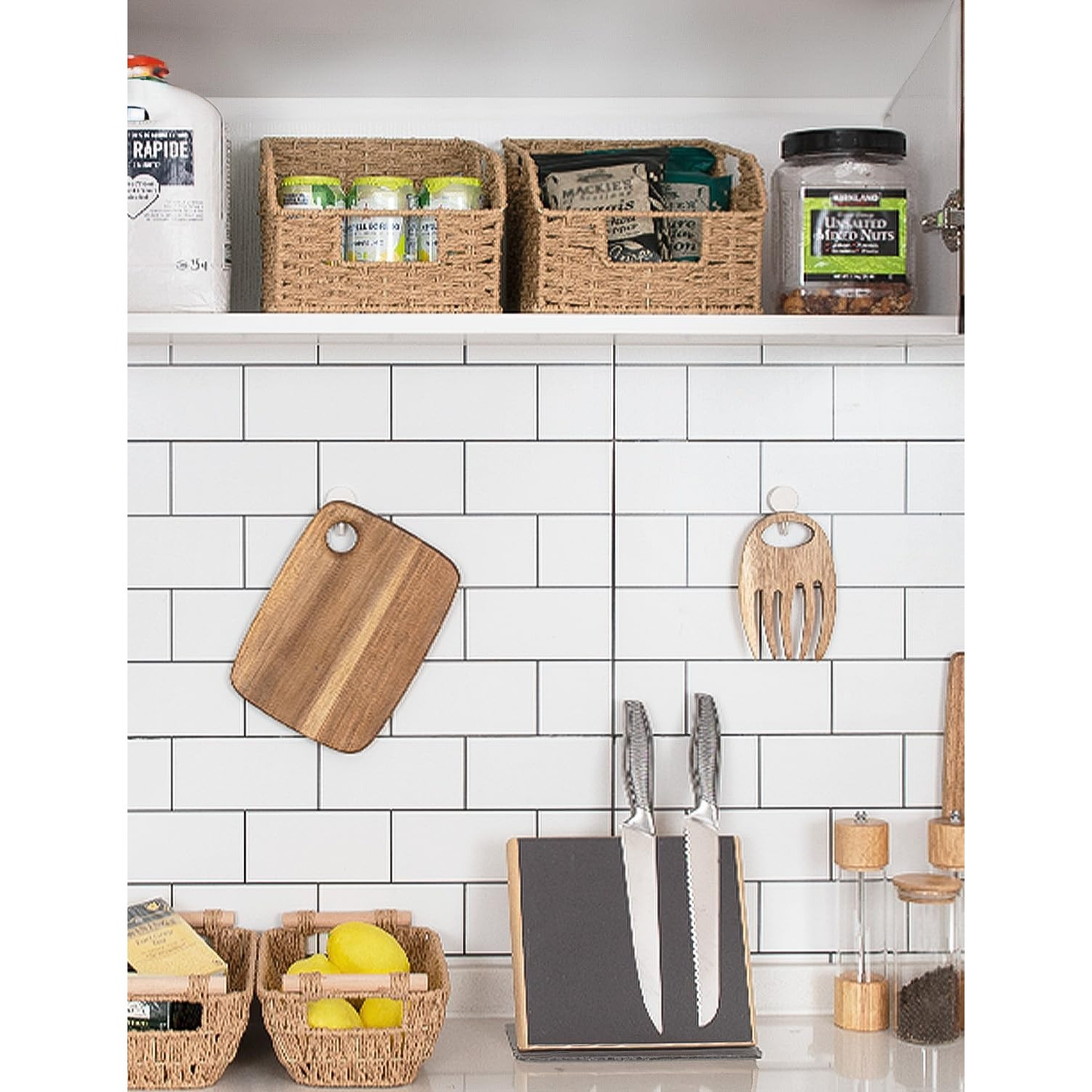 Water Hyacinth Pantry Storage Baskets 2-Pack with Seagrass Options and Integrated Shelf Handles