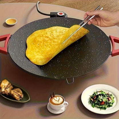 Korean BBQ Grill Pan, Round Non-Stick Multi-Functional Electric Grill Pan with Red Handle & Adjustable Settings