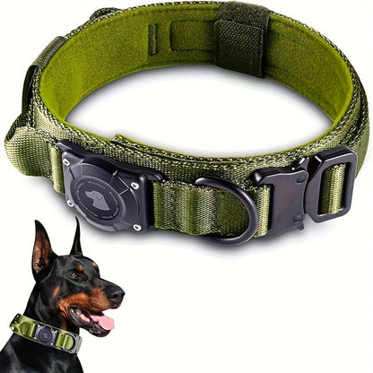 Tactical Dog Collar with Handle and Round Tracker Holder Case in Nine Colors and Sizes M to XL