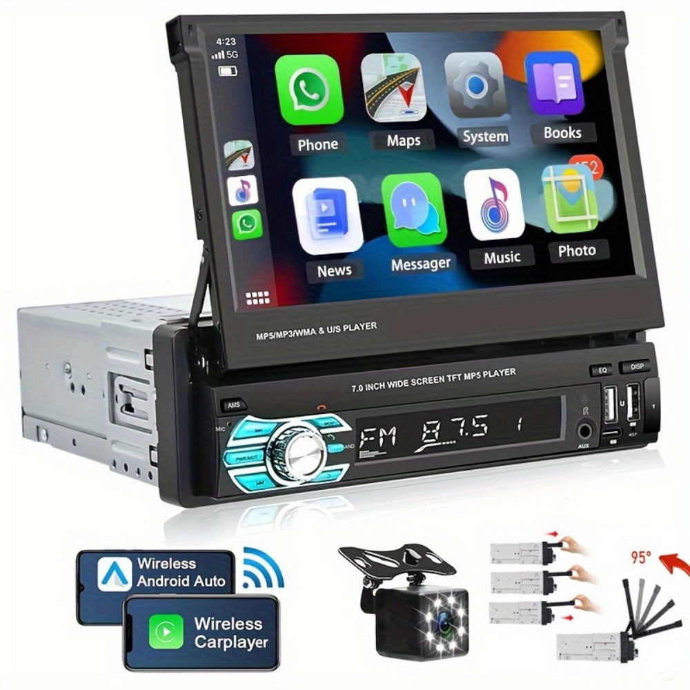 Single Din Car Stereo 7 Inch Flip Out Touchscreen – Wireless CarPlay & Android Auto, 1080P HD, FM Radio, SWC, Voice Control, USB/Type-C/AUX