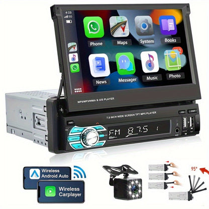 Single Din Car Stereo 7 Inch Flip Out Touchscreen – Wireless CarPlay & Android Auto, 1080P HD, FM Radio, SWC, Voice Control, USB/Type-C/AUX