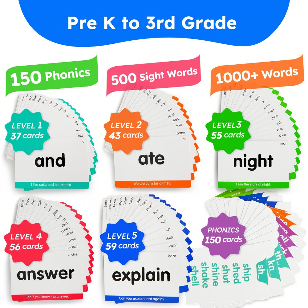 Sight Words Flash Cards 500 Cards & 150 Phonics Cards Set 1000+ Dolch Fry High Frequency Words CVC Blends Long Vowels | Learn to Read Cards