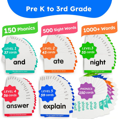 Sight Words Flash Cards 500 Cards & 150 Phonics Cards Set 1000+ Dolch Fry High Frequency Words CVC Blends Long Vowels | Learn to Read Cards