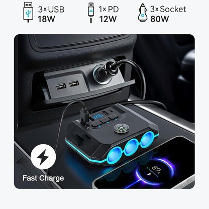 Car Cigarette Lighter Splitter 3-Socket 120W Power Outlet Adapter | QC3.0 + PD USB Ports | 12V/24V Voltage Monitor Independent Switch Car
