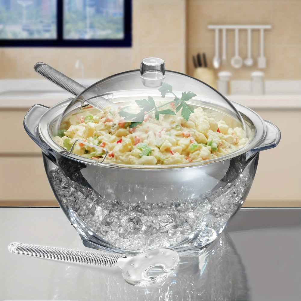Stainless Steel Ice Chiller Salad Bowl with Lid and Serving Spoons – Large Refrigerated Veggie Fruit Tray with Ice Chiller Base for Party