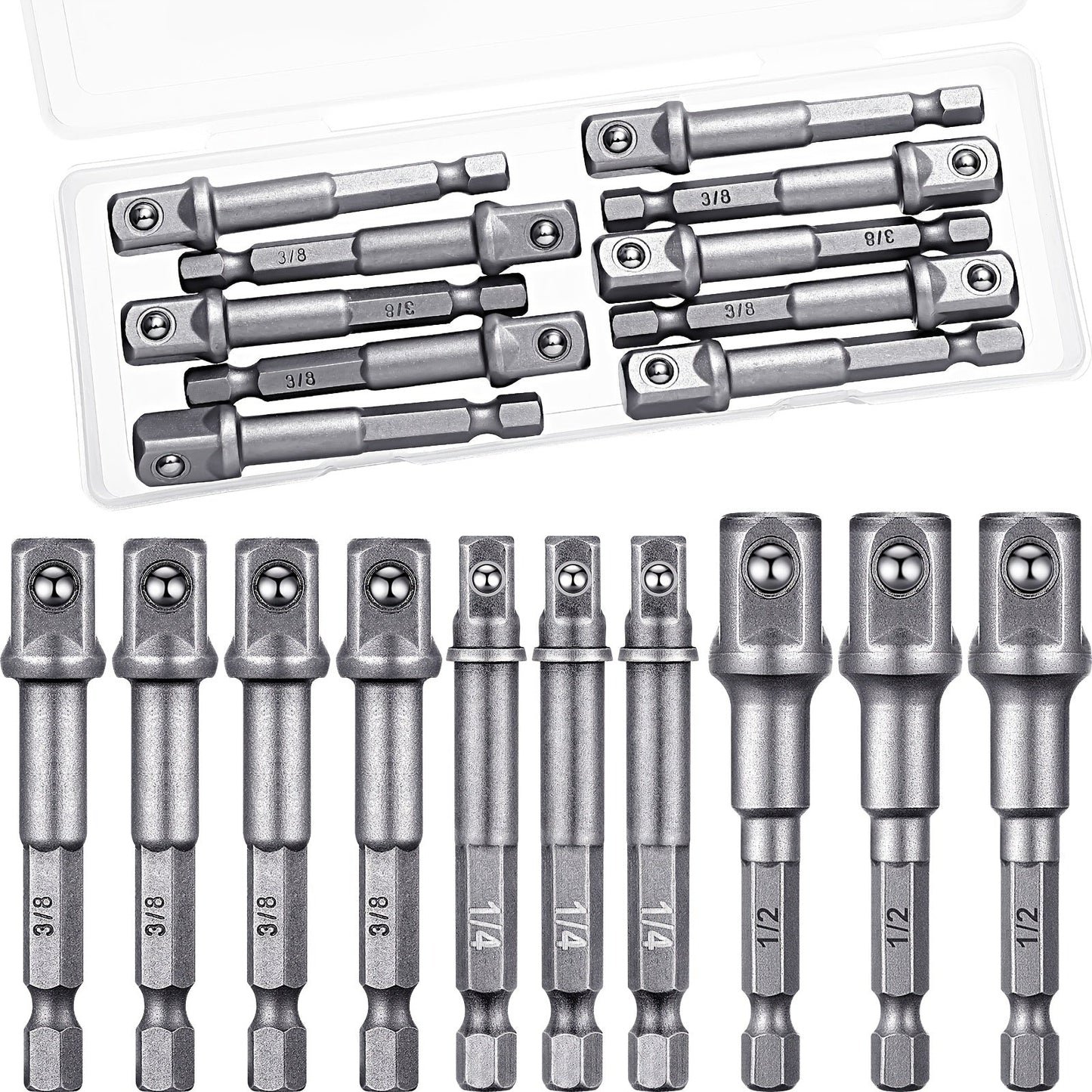 Impact Socket Adapter Set – 1/2" 3/8" 1/4" Square Drive Hex Bit Adapter for Drills & Impact Drivers, Extension Socket Converter
