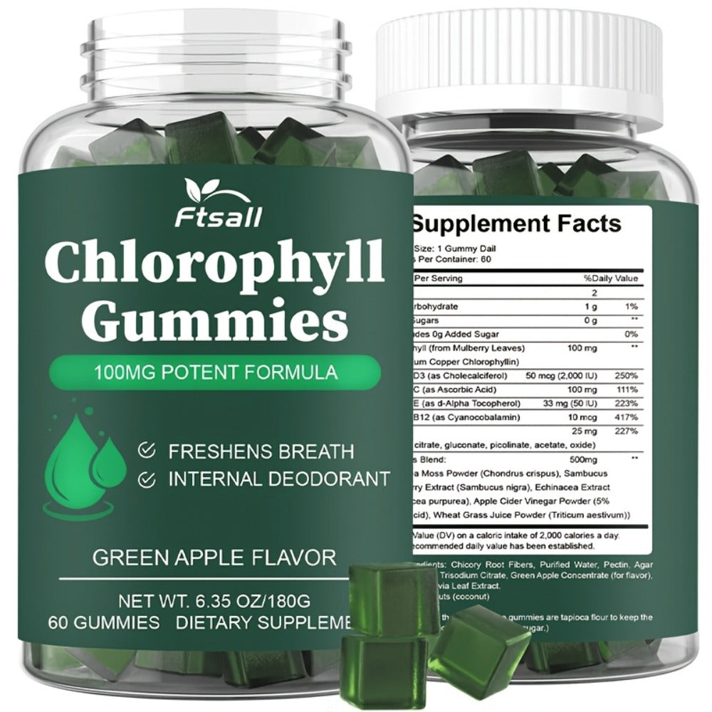 Chlorophyll Gummies 60 Count with Vitamin C D3 E B12 Zinc Irish Sea Moss Elderberry Echinacea & Apple Cider Vinegar