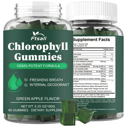 Chlorophyll Gummies 60 Count with Vitamin C D3 E B12 Zinc Irish Sea Moss Elderberry Echinacea & Apple Cider Vinegar