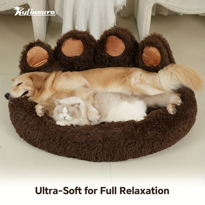 Dog Bed Cat Bed Bear Paw Shaped Donut – Calming Round Plush Pet Mattress, Warm & Soft Cuddler Bed for Dogs and Cats, Includes Pet Scarf