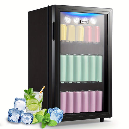 Beverage Refrigerator with Glass Door, Mini Drink Cooler Fridge with Blue LED Light, 3 Adjustable Shelves & R600a Compressor