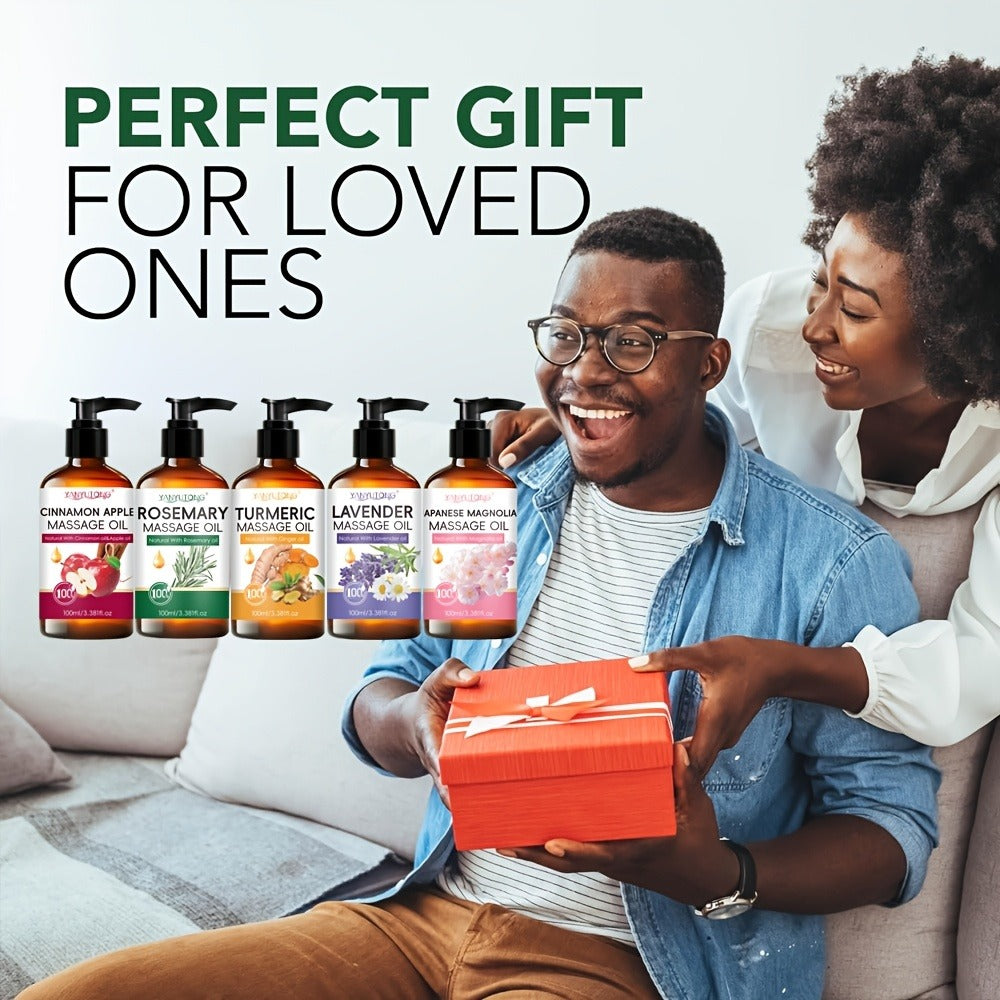 100 ml Pump-Bottle Massage Oil in Lavender, Sakura, Cinnamon Apple or Rosemary, Plus Five-Bottle Gift Set