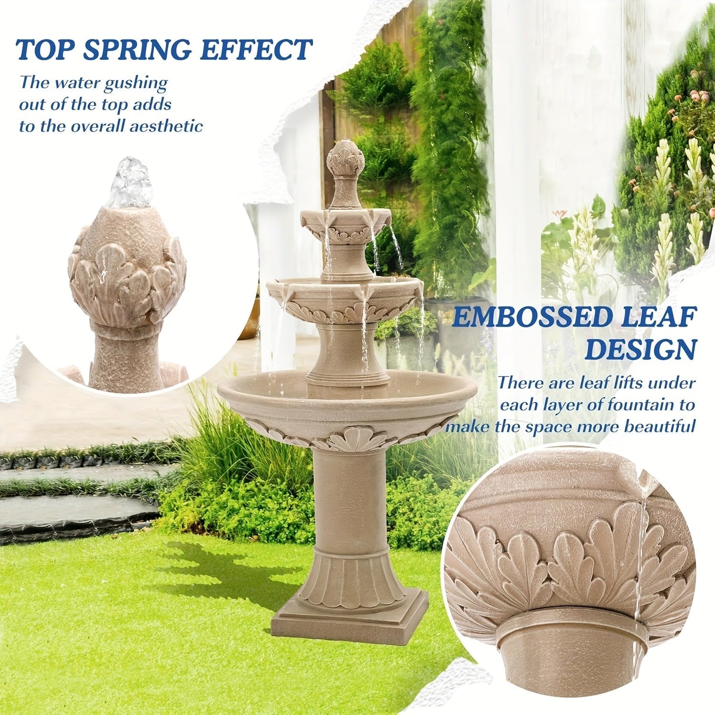 Outdoor Water Fountain 3-Tier 48.4" – Italian Cascading Garden Fountain with Carved Flowers, IPX5 Pump, Large Floor-Standing Resin Bubbler