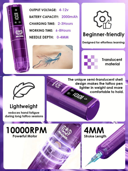 Cordless Tattoo Pen Machine Neebol Wireless Rotary Tattoo Gun with LCD Screen Display for Temporary Body Art, Festivals and Costumes