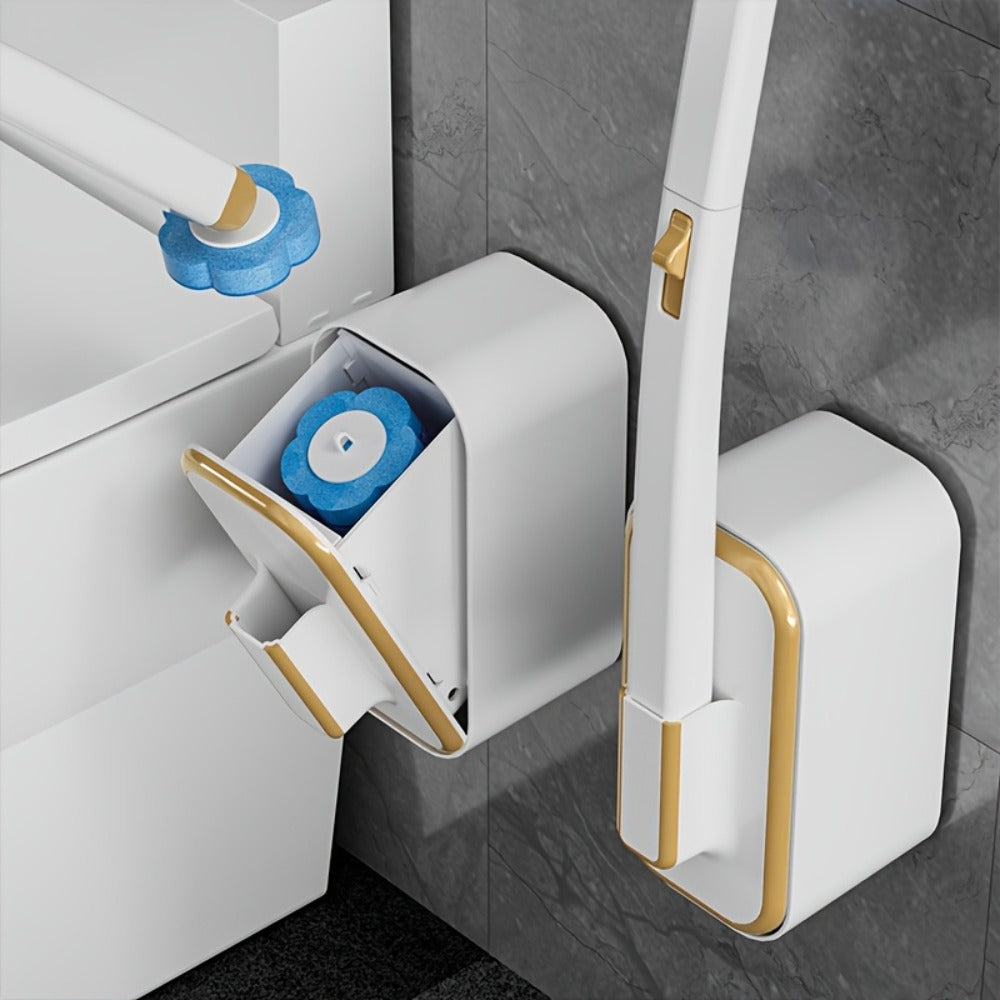 Wall-Mounted Toilet Brush Set with 8 Disposable Heads | No-Drill Easy Install, Long Handle Bathroom Cleaning Brush