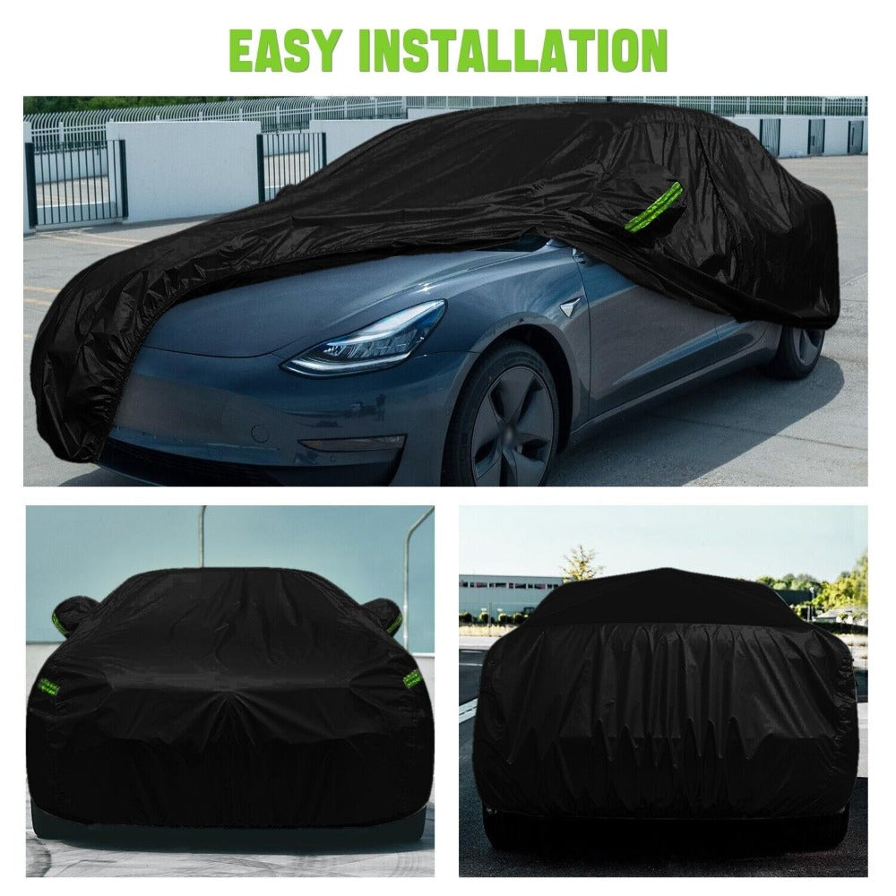 Black Full Car Cover with Green Reflective Tabs, Storage Bag and 5.1 x 2 x 1.5 m Vehicle Fit Size