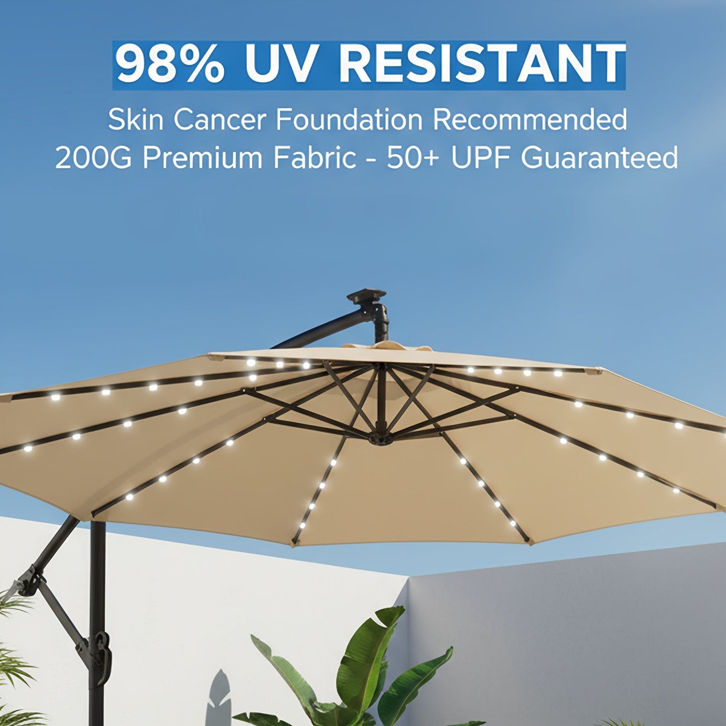 Patio Umbrella 10FT Offset Cantilever Solar LED Style with Tilt, Crank and 16 Base-Choice Color Options